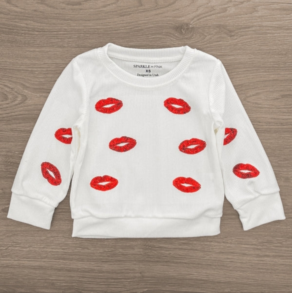 Sparkle In Pink White Red Sequin Lips Kiss Long Sleeve Top Size 6-12 Months